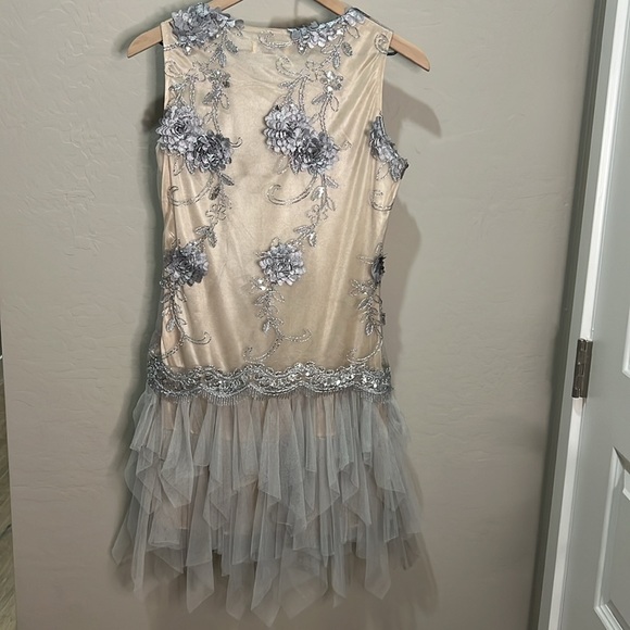 Embroidered Dress Mini Gown Beige Silver Tulle Formal Dance Homecoming Hoco - Picture 6 of 12